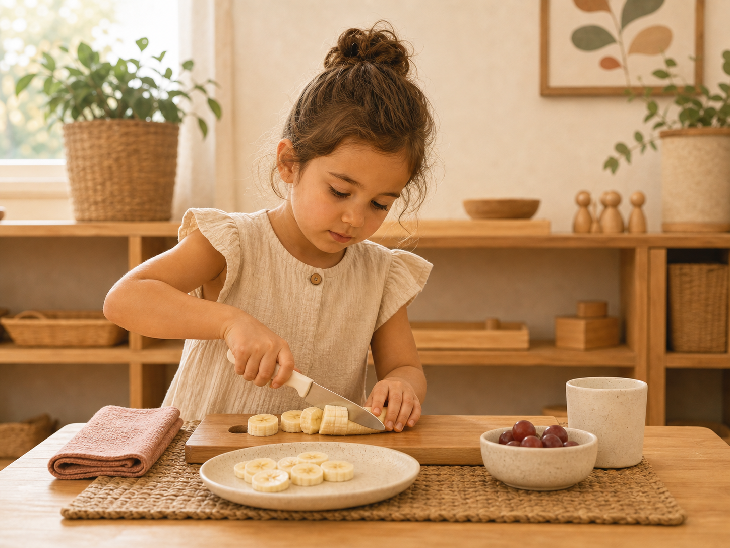 Niña corta fruta blanda para preparar una merienda sencilla con inspiración Montessori