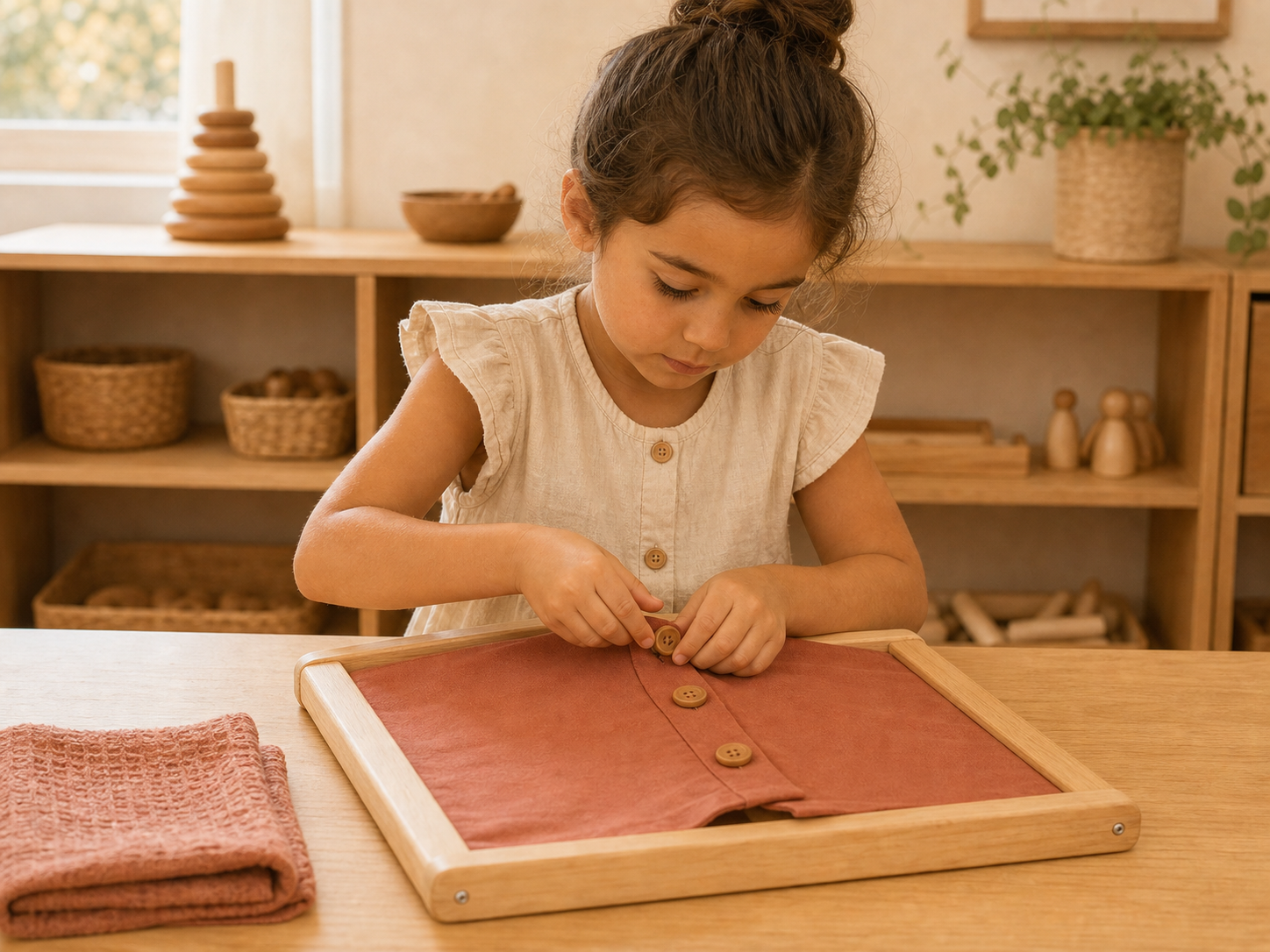 Niña practica con un bastidor de botones Montessori sobre una bandeja