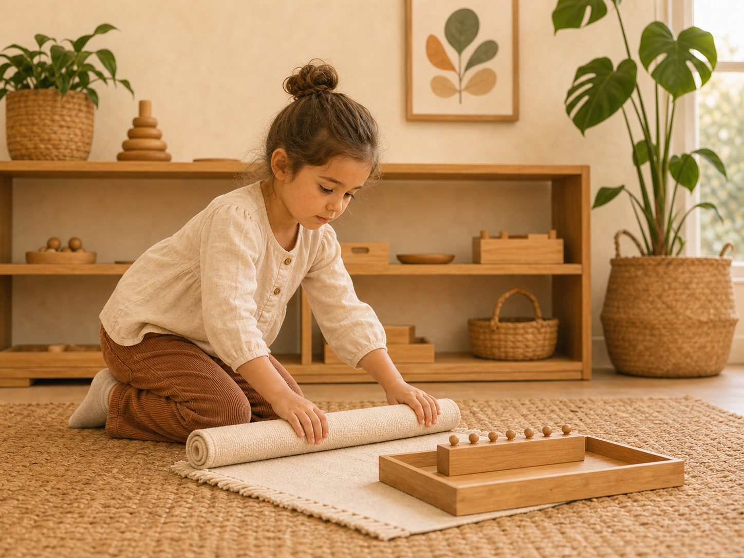 Niña desenrolla una alfombra de trabajo Montessori junto a una bandeja de madera
