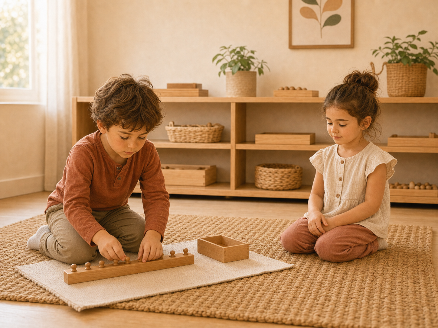 Dos niños esperan turno con un material Montessori en una habitación cálida