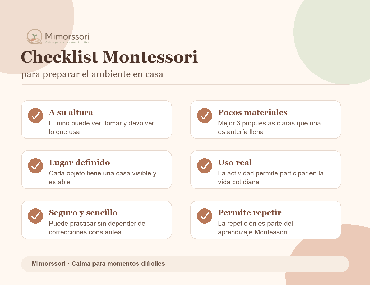 Checklist visual Montessori para preparar el ambiente en casa con materiales a la altura del niño