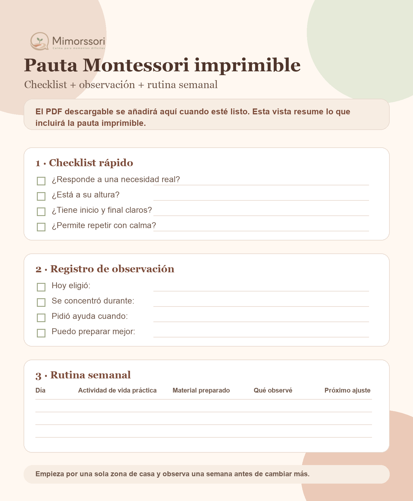 Vista previa de pauta Montessori imprimible con checklist, registro de observación y rutina semanal