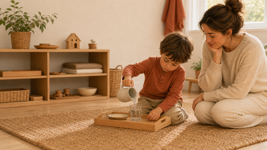 Niño usando una jarra en una bandeja Montessori mientras un adulto observa con calma en casa