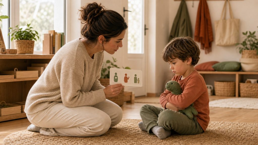 Madre acompaña a su hijo con una tarjeta visual durante un momento difícil en casa