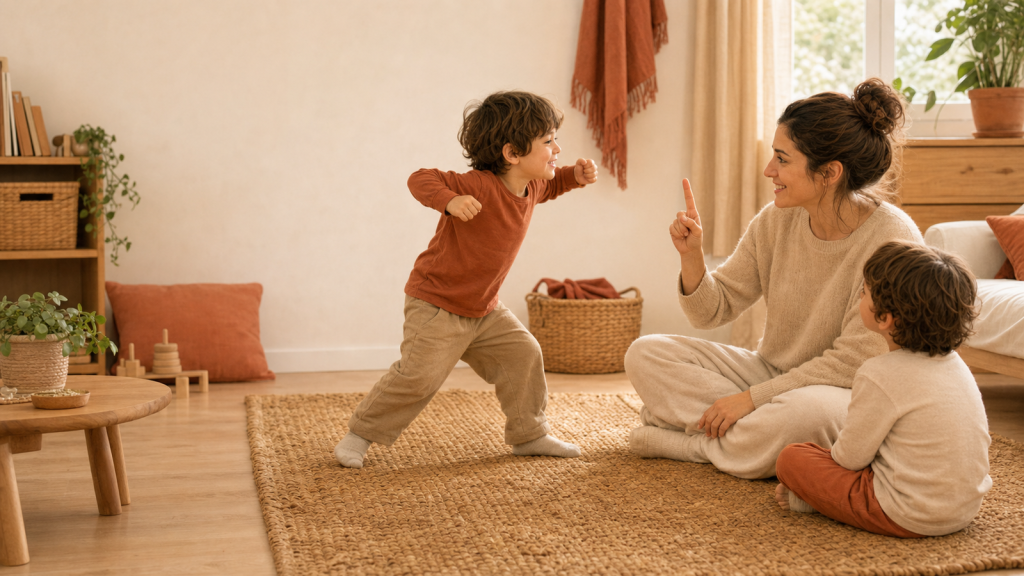Familia jugando a la mímica en casa con turnos y límites tranquilos