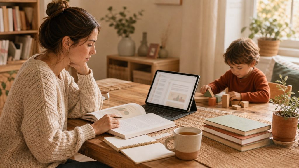 Madre revisa libros y un recurso PDF de disciplina positiva mientras su hijo juega cerca