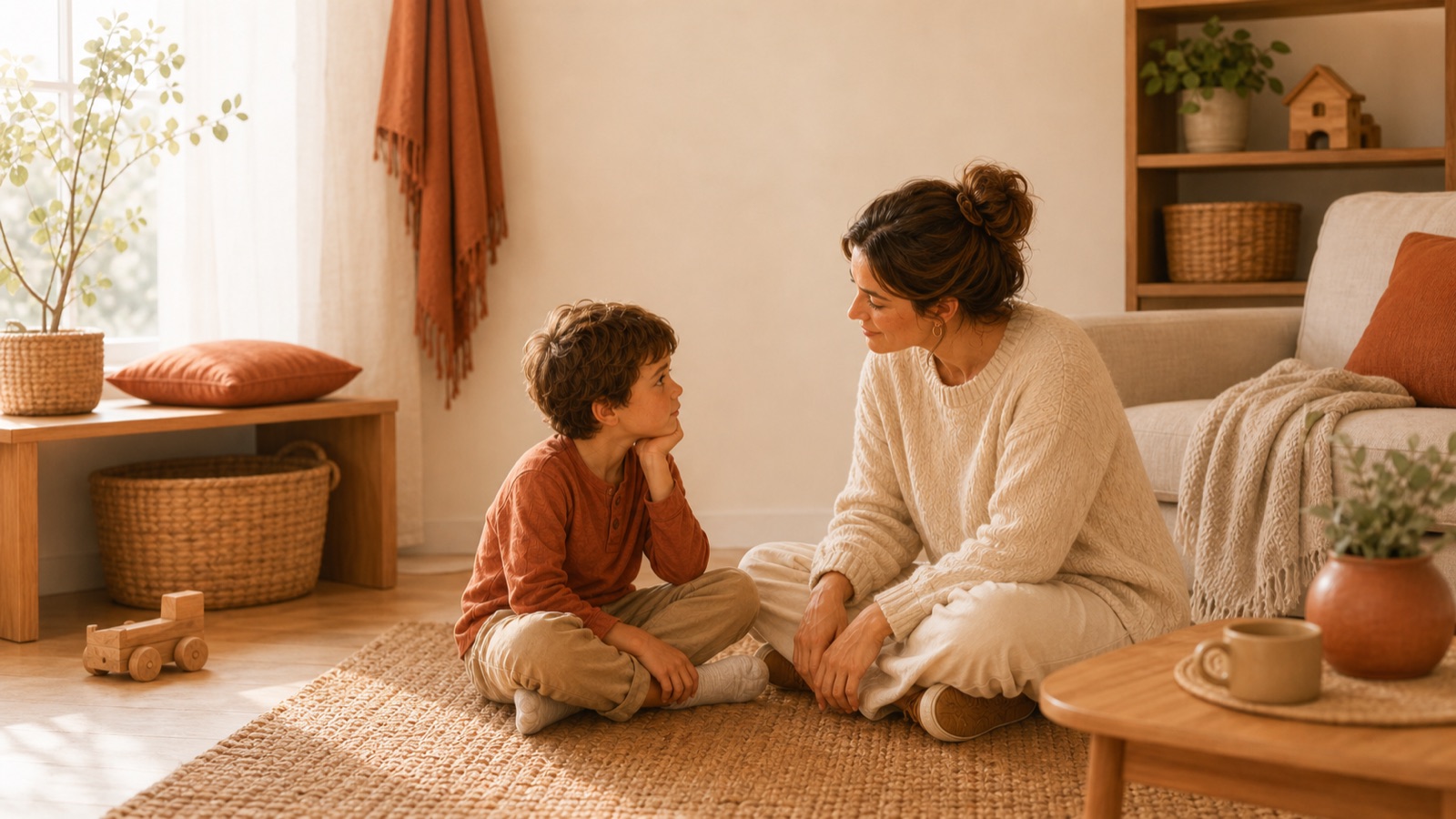 Adulto acompaña con calma a un niño en casa mientras sostiene una estructura respetuosa.