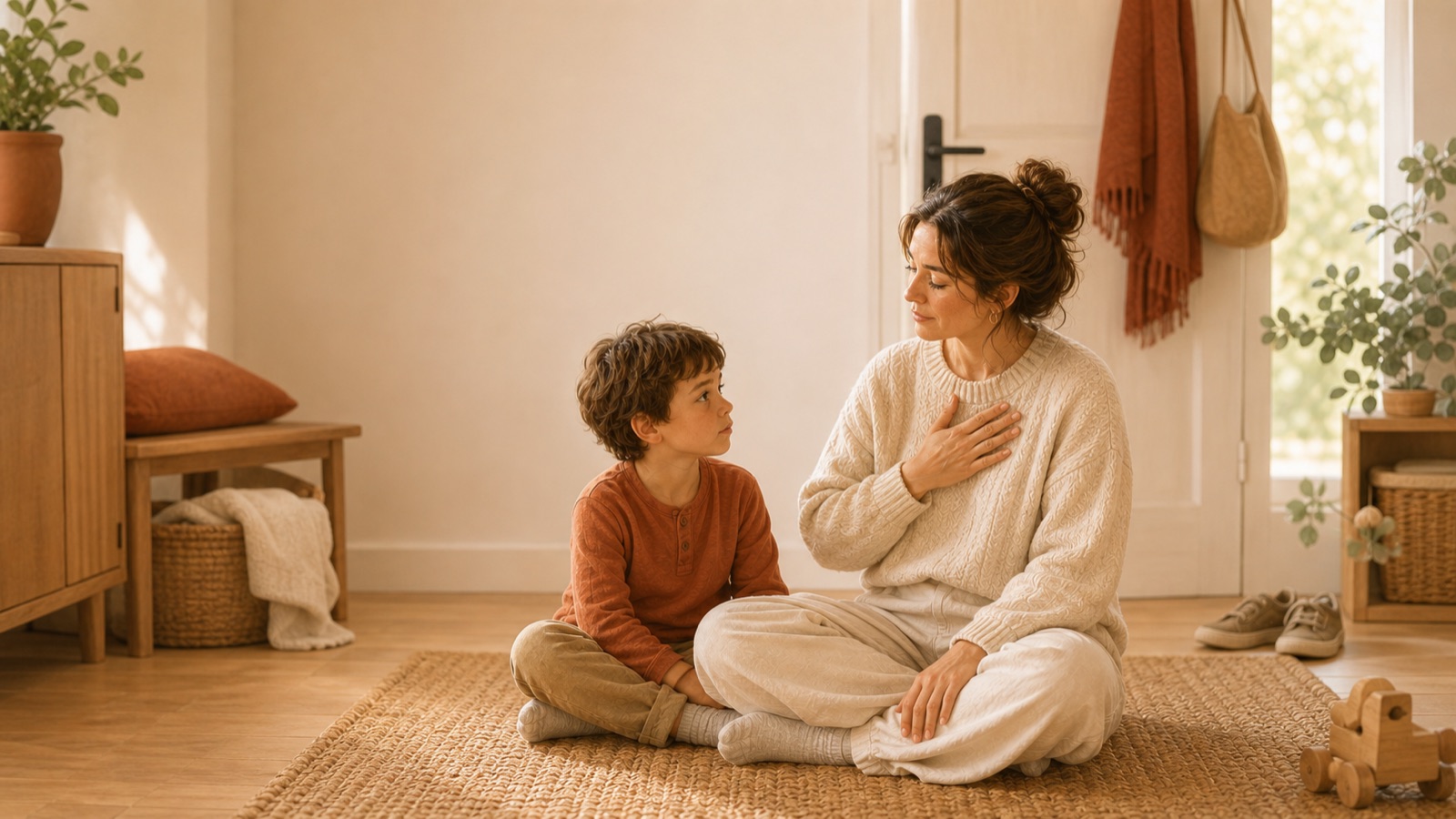 Adulto respirando con calma junto a su hijo en casa después de un momento difícil.