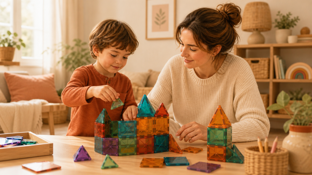 Niños construyendo con imanes Imanix en casa bajo supervisión adulta.