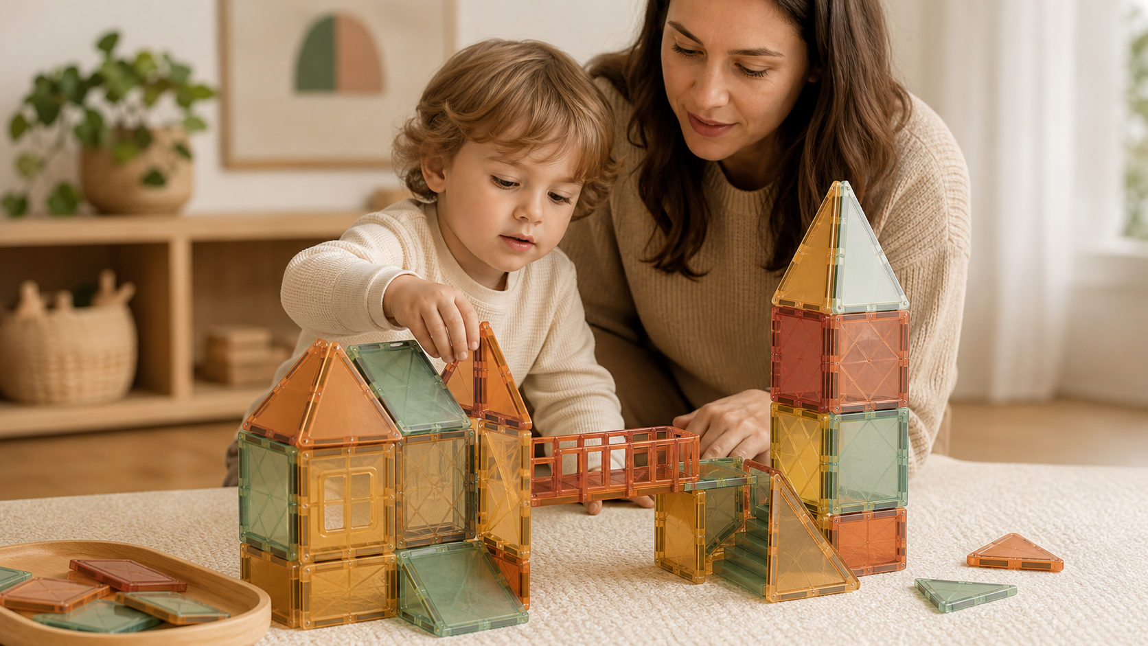 Niño construye casas y puentes con piezas magnéticas translúcidas bajo supervisión adulta.