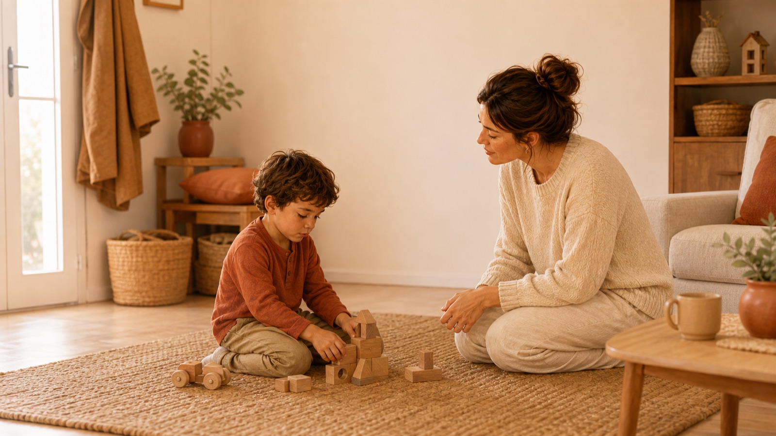 Adulto agachado a la altura de un niño en casa, hablándole con calma para favorecer la colaboración.