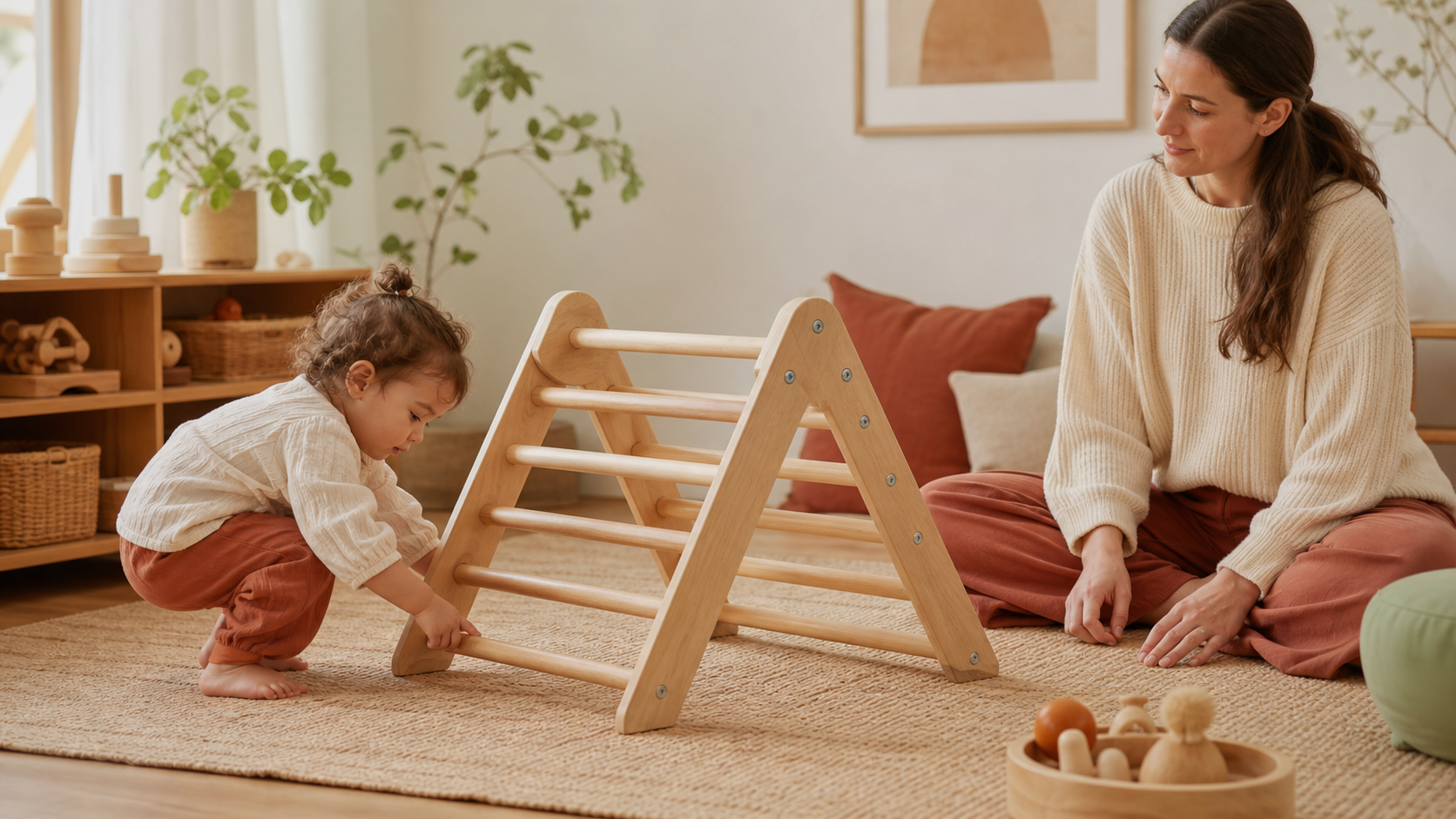 Niña explora un triángulo Pikler de madera en casa con una adulta supervisando cerca.