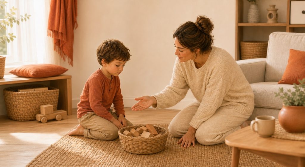 Madre hablando con calma a su hijo pequeno en casa mientras sostiene un limite sin gritar.