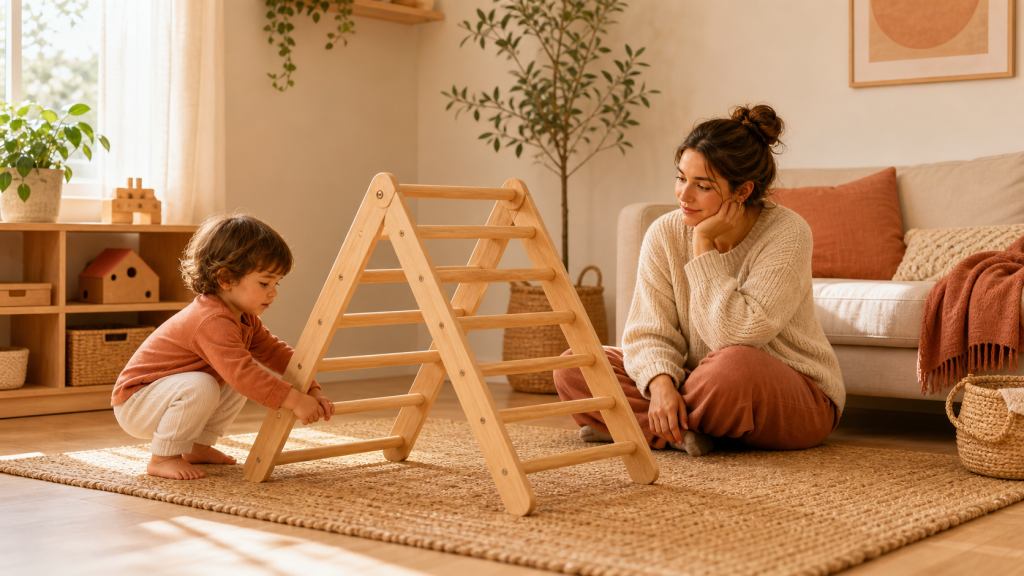 Niño explorando un triángulo Pikler de madera en casa con supervisión adulta cercana.