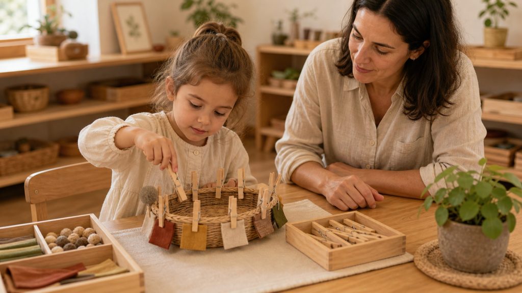Pinzas Montessori con objetos pequeños para trabajar motricidad fina