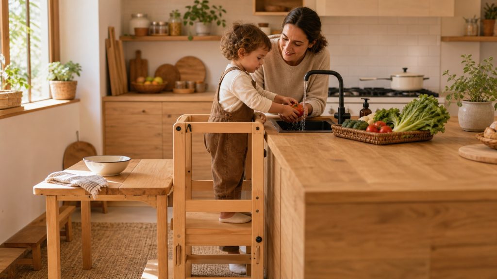 Torre de aprendizaje con mesa para que un niño participe en tareas de casa