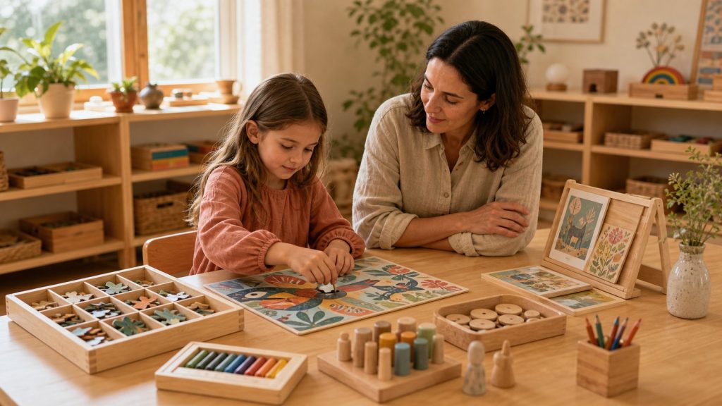 Juguetes Djeco y Montessori organizados para juego creativo infantil