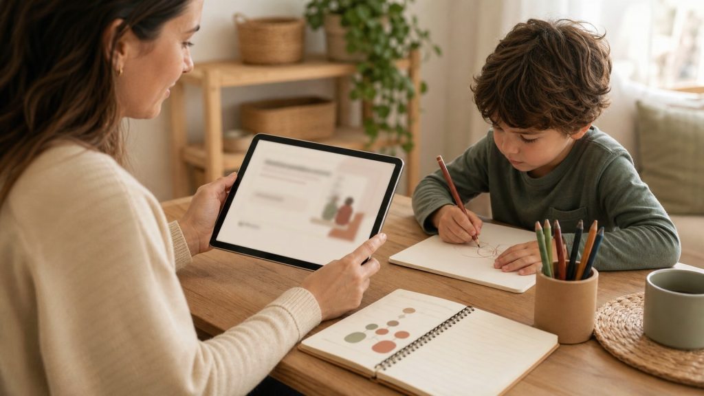 Mesa cálida con recursos imprimibles, tarjetas visuales y materiales educativos para proteger