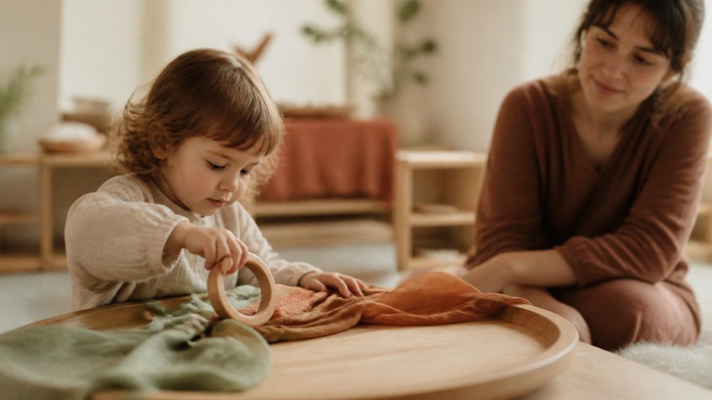 Anilla Waldorf de madera y tela para juego infantil sencillo