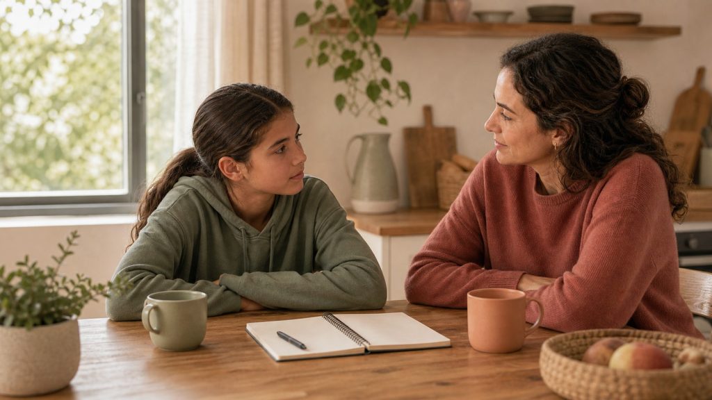 Adulto conversa con un adolescente en una mesa familiar con actitud de escucha