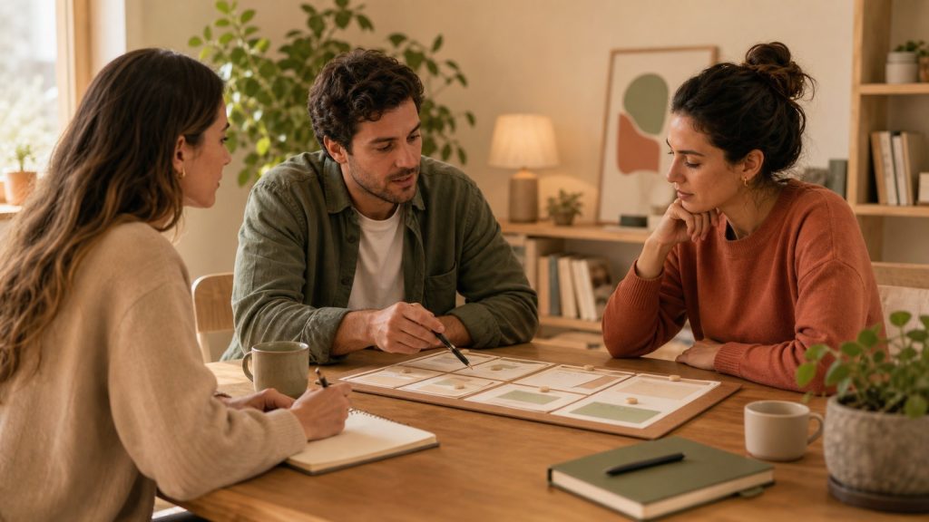 Persona revisa acuerdos de trabajo y planificación con ambiente cálido y ordenado
