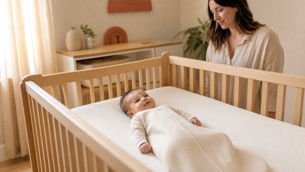 Saquito infantil para dormir preparado en una habitación tranquila