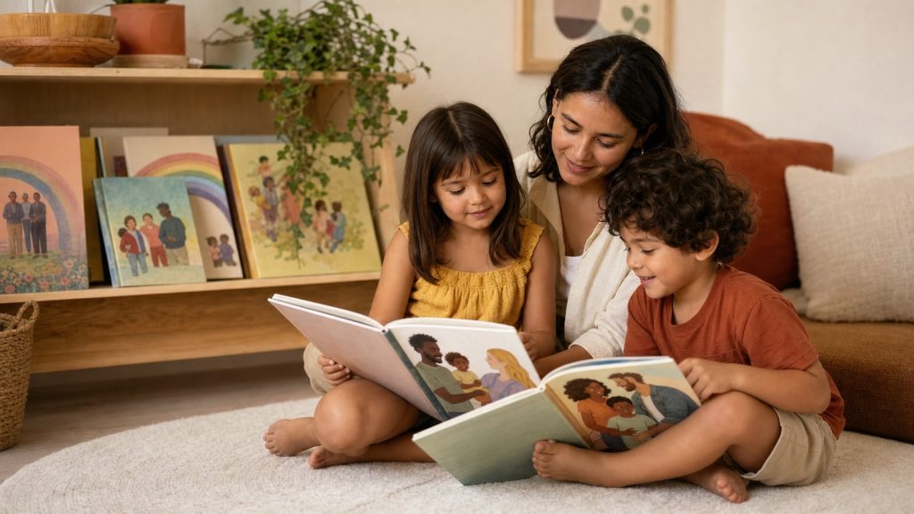Libros arcoíris para niños colocados en una estantería de lectura inclusiva