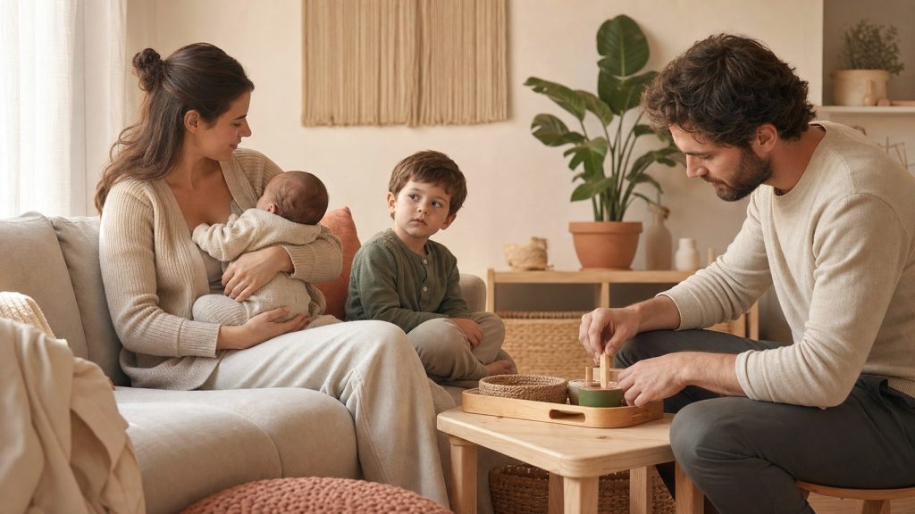 Dos cuidadores conversan con calma sobre acuerdos familiares en una casa cálida