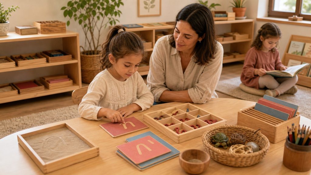 Material Montessori para lectoescritura con letras y tarjetas de sonido