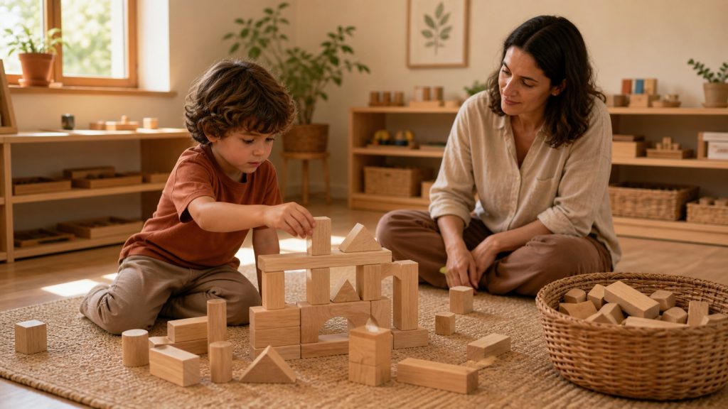 Bloques de madera Montessori colocados para juego abierto y construcción infantil