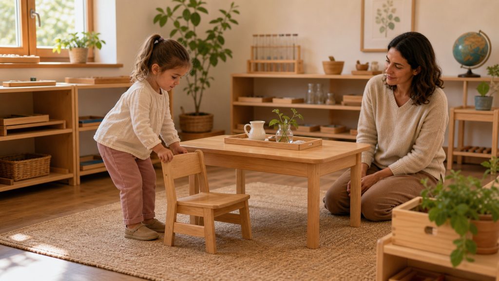 Silla Montessori de tamaño infantil en un ambiente preparado de casa
