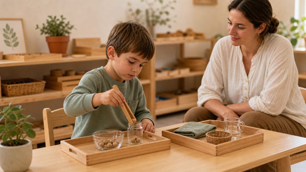 Niño practicando habilidades motoras con una actividad Montessori de vida práctica