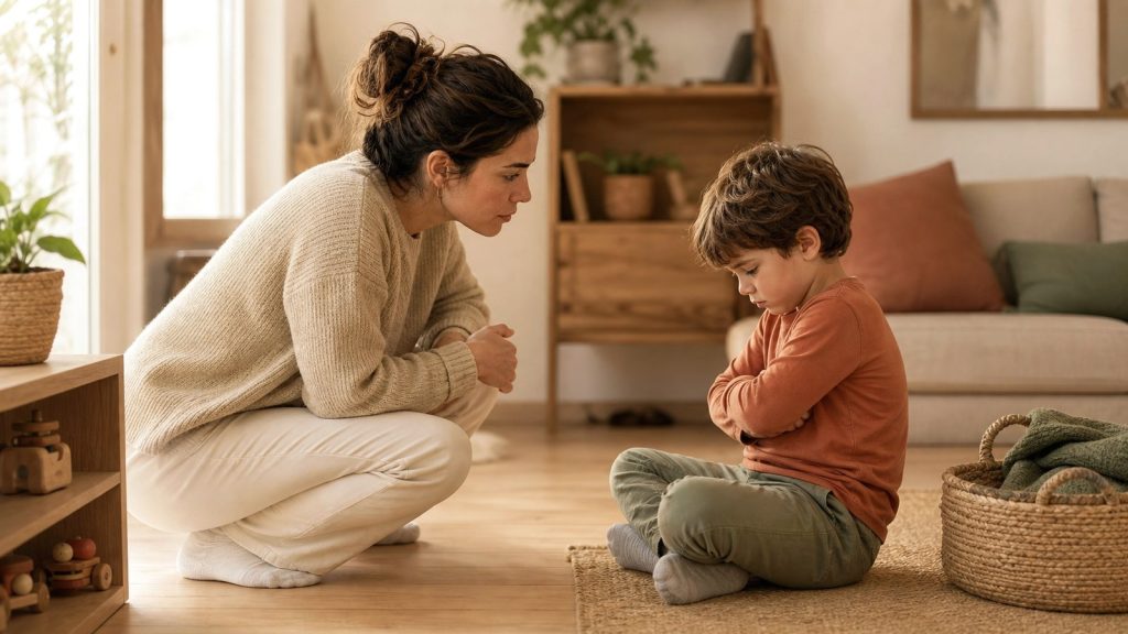 Madre habla con su hijo a su altura en una escena cálida de comunicación asertiva