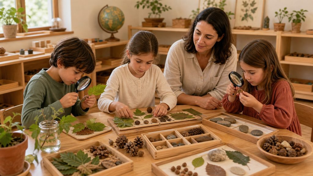 Niños observando hojas y elementos naturales en una actividad de ciencias naturales Montessori