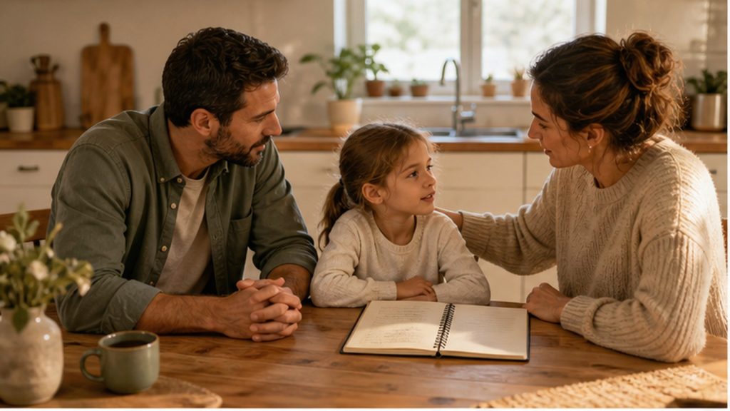 Conflictos familiares con diálogo, reparación y acuerdos concretos.
