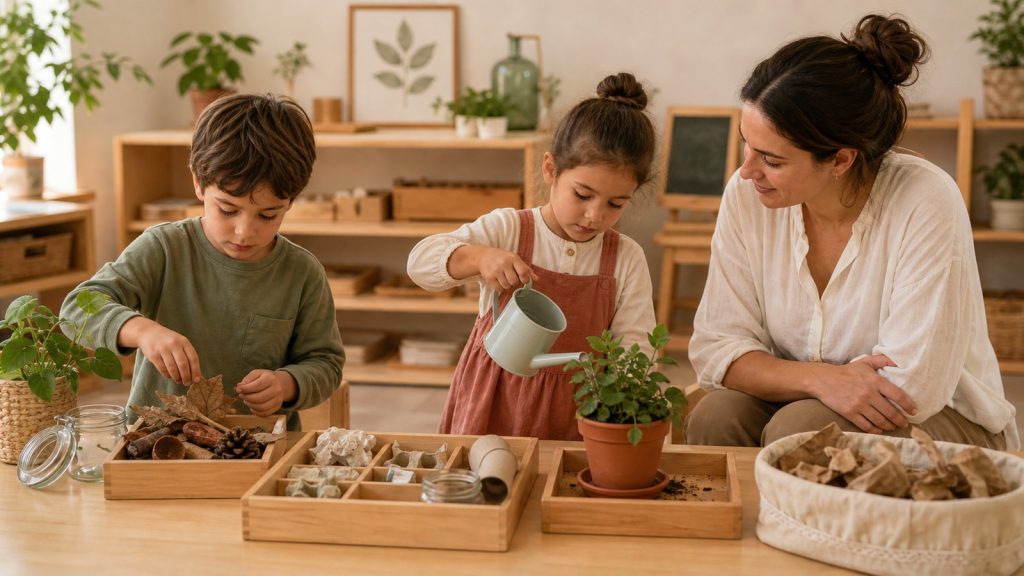 Conservación ambiental Montessori con acciones concretas de cuidado.