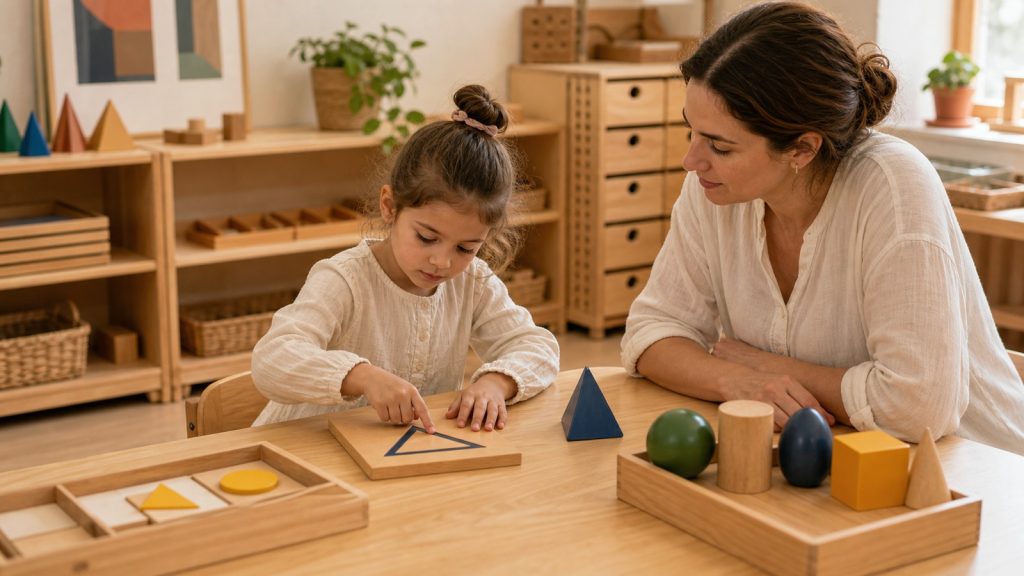 Geometría Montessori con formas, comparación y material concreto.