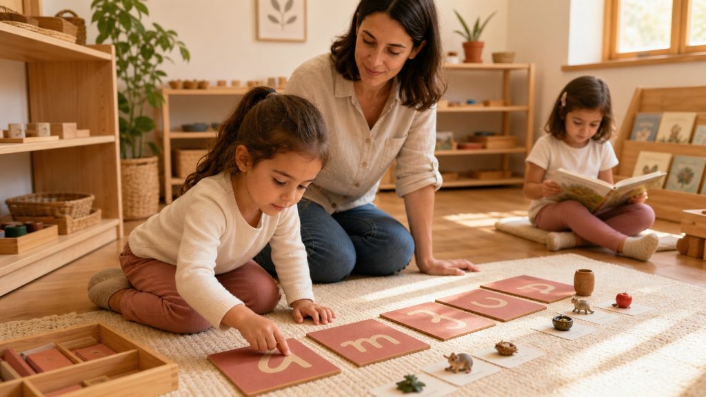 Alfabetización temprana Montessori con mano, sonido y palabra.