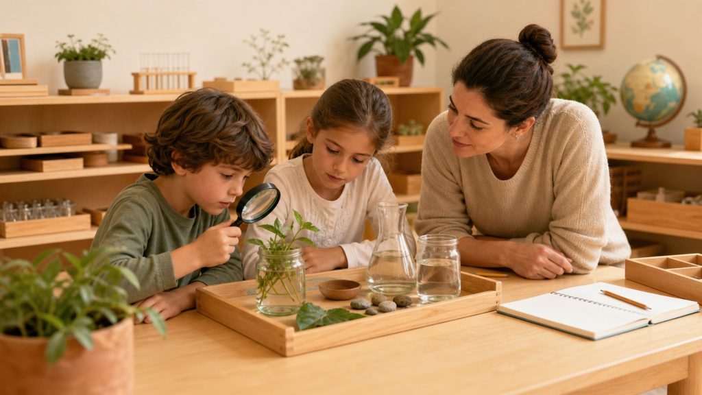 Experimentos científicos Montessori con observación, seguridad y registro.