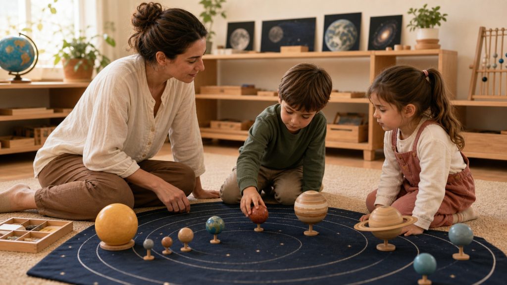 Montessori en astronomía con planetas, orden y materiales concretos.