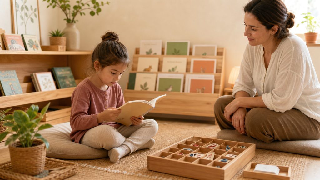 Lectura independiente en niños con ambiente Montessori y acompañamiento.