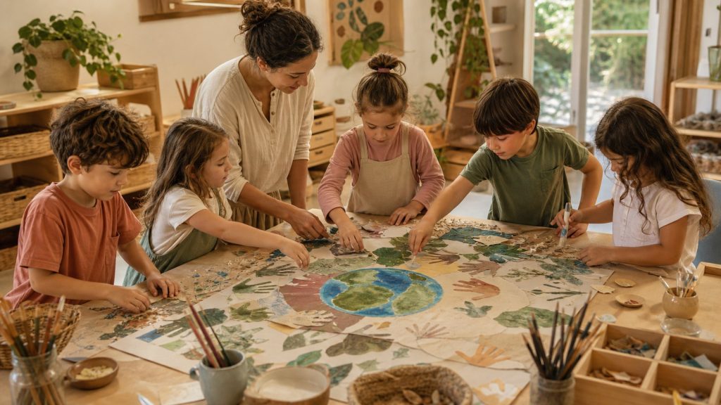 Proyectos de arte comunitario en escuelas Montessori con cooperación.