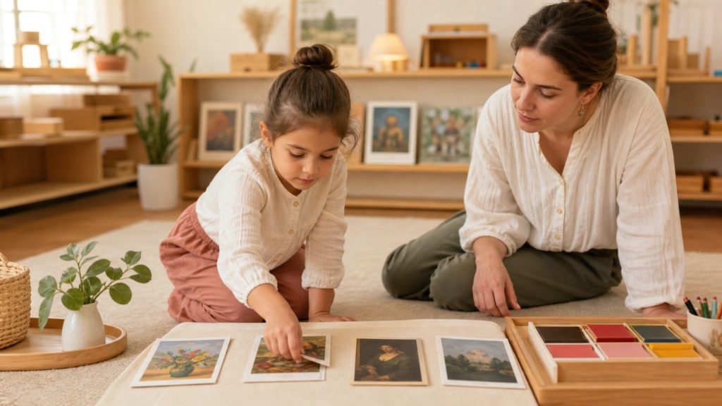 Historia del arte en el método Montessori con observación y comparación.