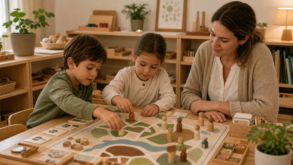 Método Montessori y educación cívica con comunidad y acuerdos.