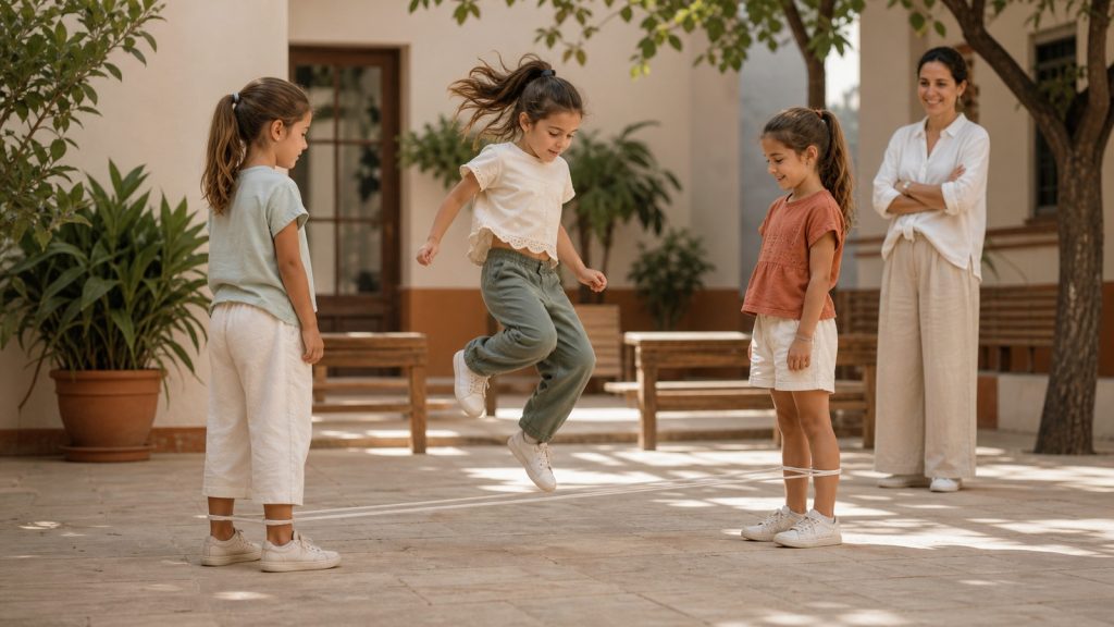 Niños jugando al juego de la goma con turnos y espacio seguro