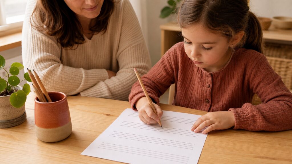 Niño practicando escritura sobre una pauta Montessori de cuatro líneas en una mesa de casa