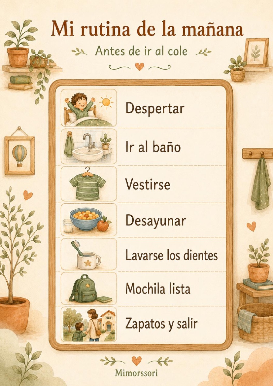 Rutina visual de mañana del PDF Mimorssori con los pasos desde despertar hasta salir al colegio