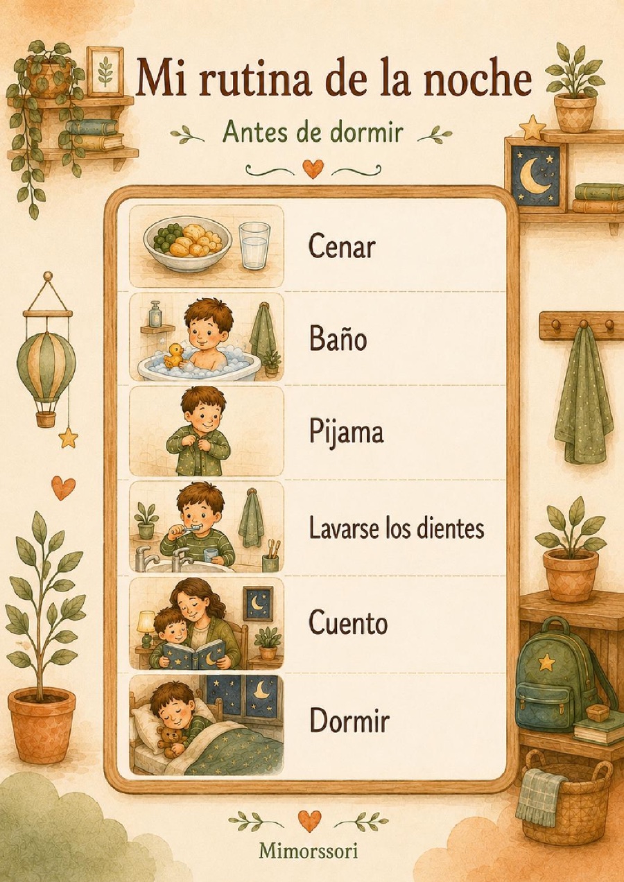 Rutina visual de noche del PDF Mimorssori con los pasos desde cenar hasta dormir