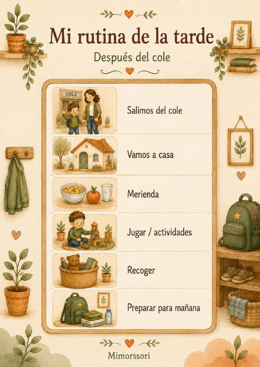 Rutina visual de tarde del PDF Mimorssori con los pasos desde salir del colegio hasta preparar el día siguiente