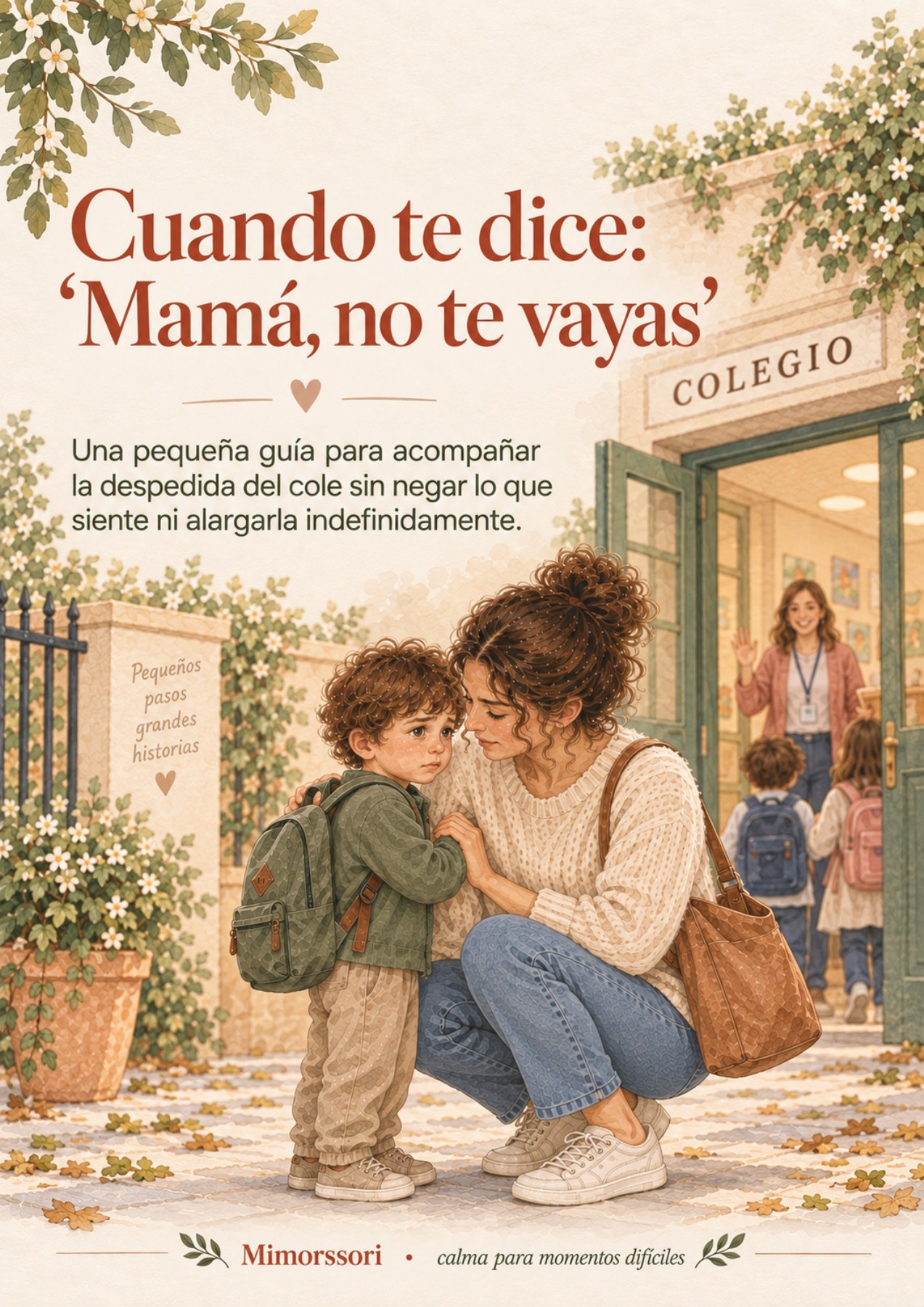 Portada de la guía Cuando te dice Mamá no te vayas, con una madre acompañando a su hijo en la entrada del colegio